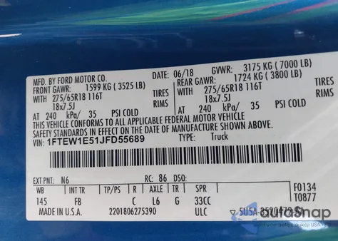 2018 Ford F-150 Xlt from USA, damaged, VIN 1FTEW1E51JFD55689